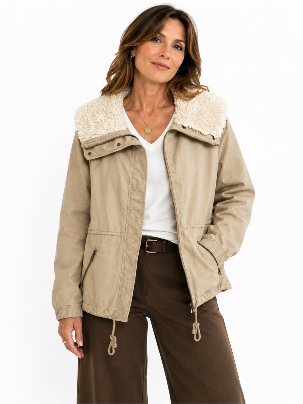 Old Navy Khaki Utility Jacket Sherpa Collar Drawstring Waist Size XL
